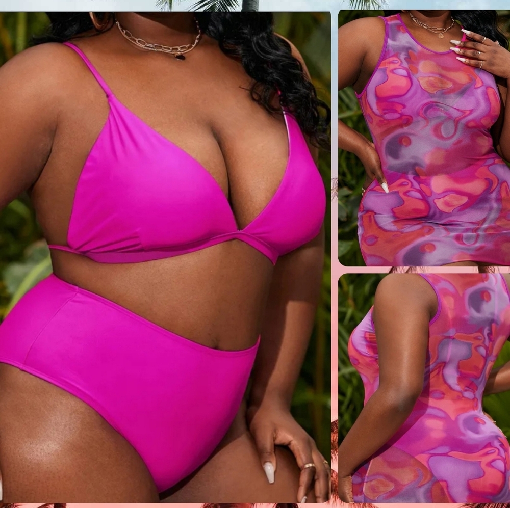 PLUS SIZE Vibrant Pink High Waist 3- Piece Bikini Set